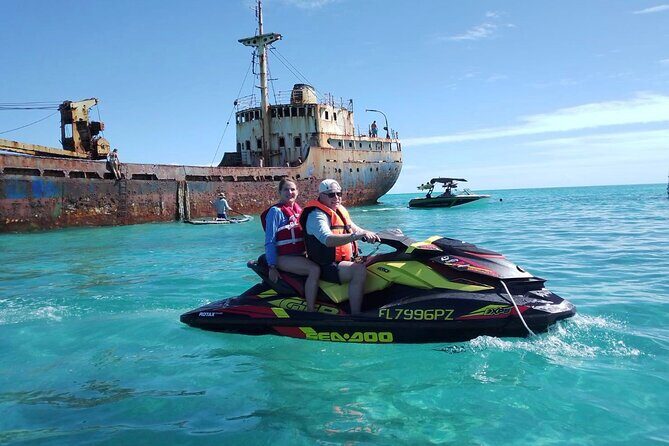 FAMOUS SHIPWRECK, Tiki Bar & Iguana Island Private Jet Ski Tour - Noah’s Ark Beach Club TCI: a floating bar break in the middle of the action